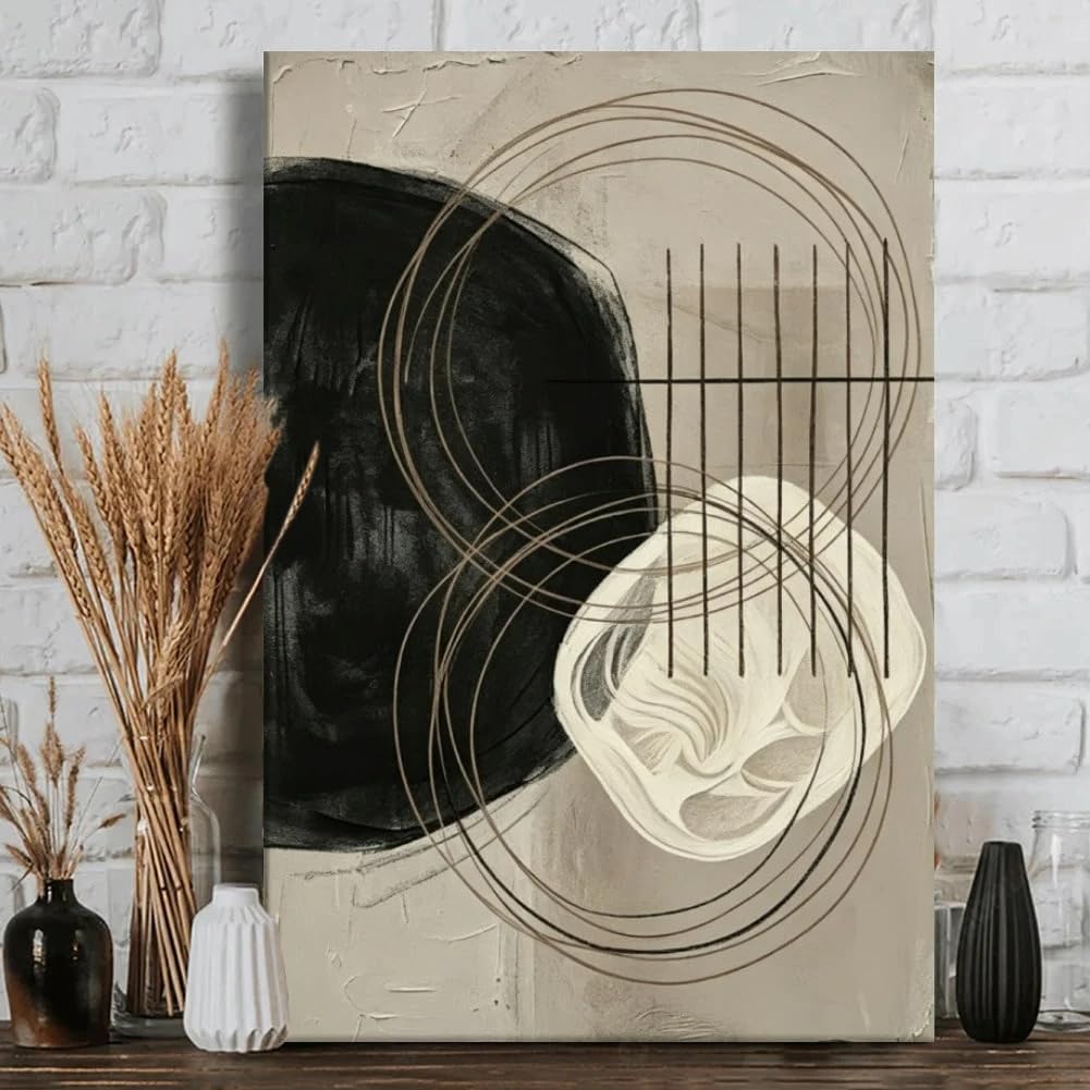 Cuadro abstracto en blanco y negro sobre lienzo, ideal para la decoración del hogar (70x120cm/Sin marco)