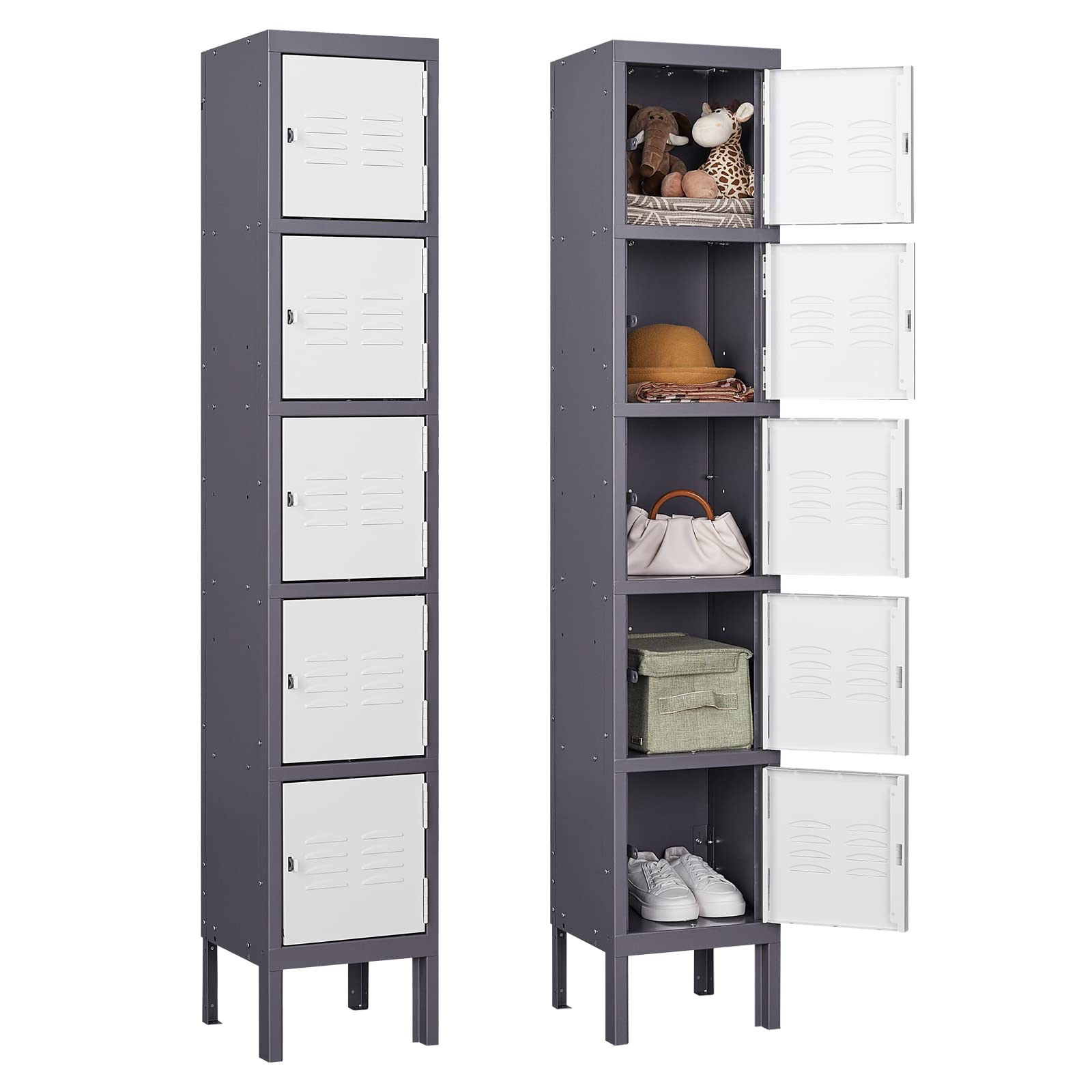 Metal Locker with 5 Doors, 5 Tier Locker Steel Employees Lockers, Tall Steel Storage Lockers for School, Home, Office, Gym(Grey White), (ML-0721)