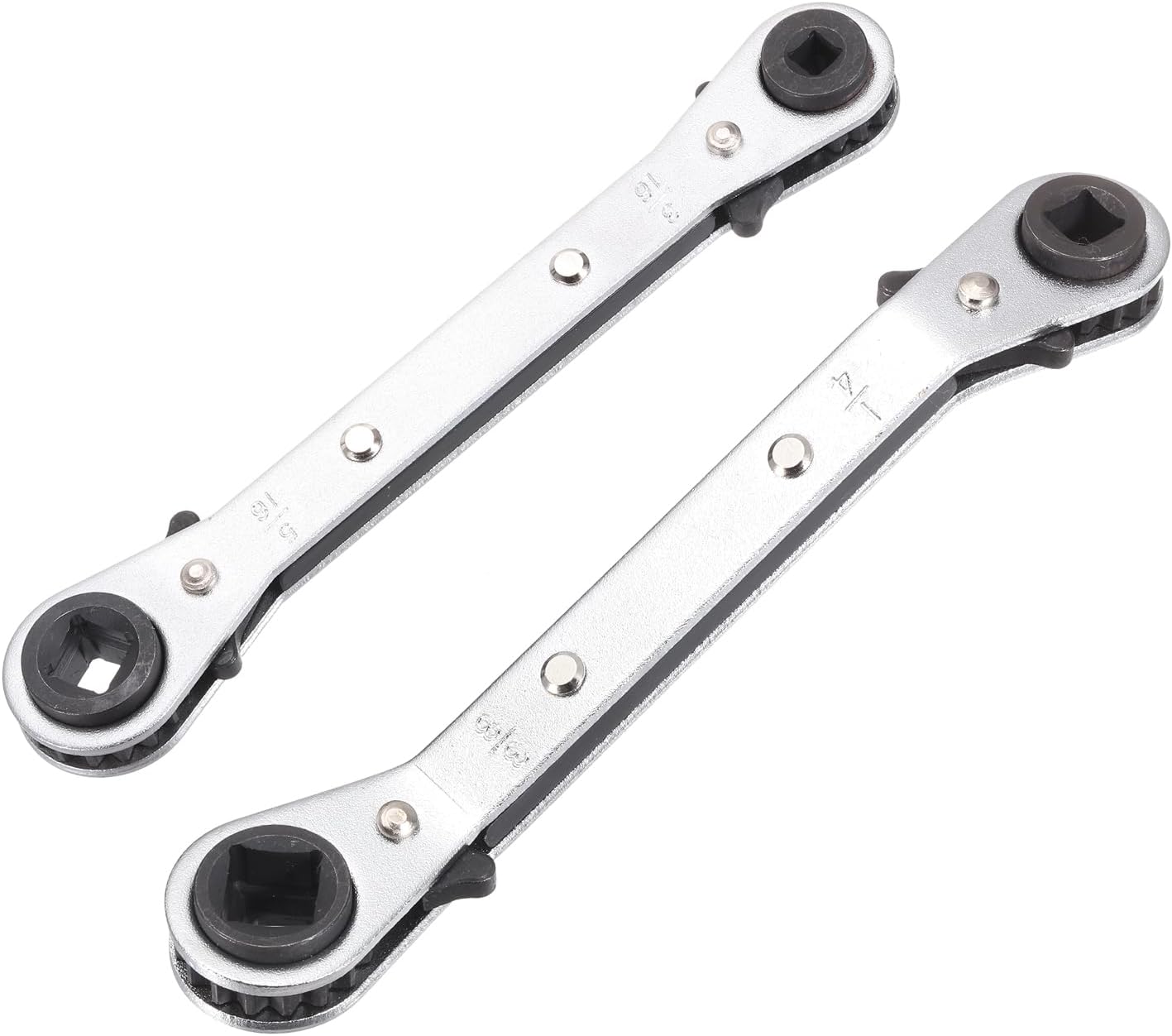HARFINGTON 2pcs HVAC Service Wrench Set 1/4" 5/16" 3/16" 3/8" 25° 180°Double Head 16-Teeth Air Conditioner Valve Reversible Ratchet Wrench for Refrigeration Equipment Repair, Silver