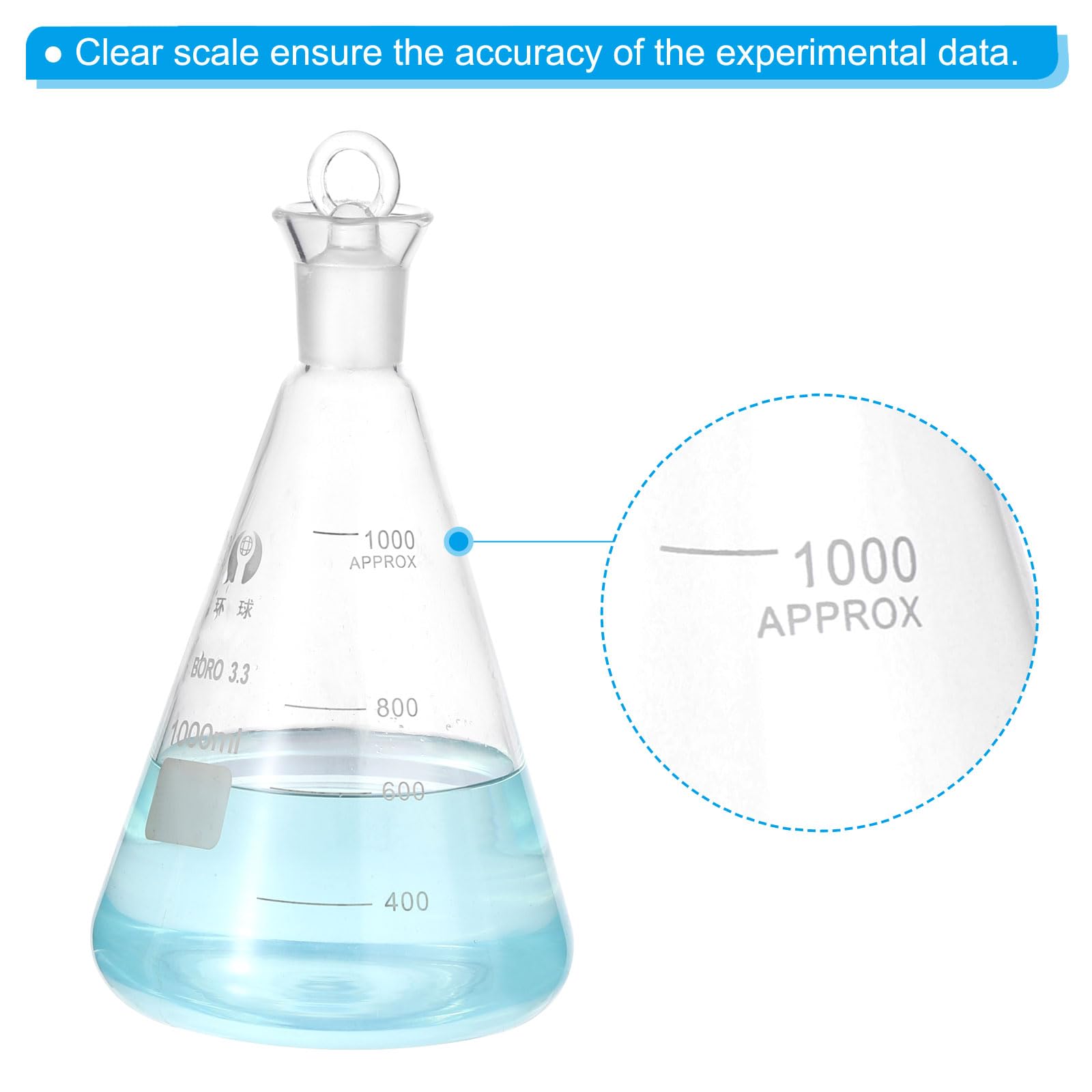 PATIKIL Erlenmeyerkolben 1000ml 33.8oz Enger Hals Messkolben Mit Glasstopfen Borosilicatglas Kolben Mit Aufgedruckter Skala Für Labor Experimente Chemie Wissenschaft