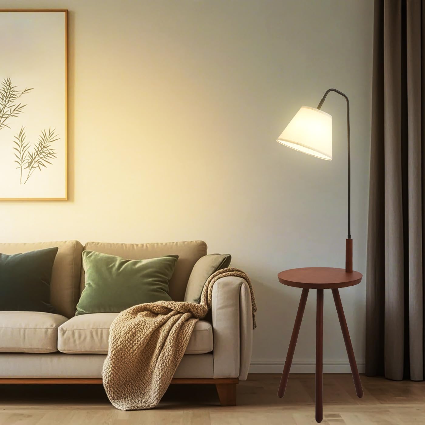 Fiqevs Wood Tripod Floor Lamp with Shelf & LED Bulbs, Mid-Century Modern Standing Lamp with Wooden Shelf & Linen Shade for Living Room, Bedroom, Office