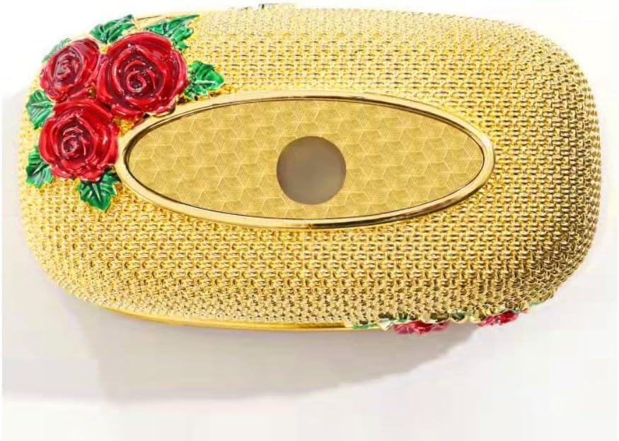 Image of Luxury Golden Tissue Box Cover with Red Rose Design Decorative Rhinestone Napkin Holder for Home Office Bathroom Car Elegant Gifting Idea for Weddings, Housewarmings (Gold)