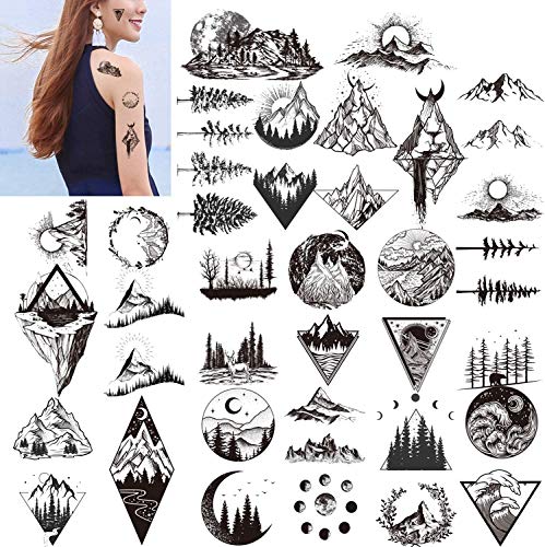Konsait 20 sheets Black Temporary Tattoos for Adults Men Women Kids, Triangle Mountain Moon Sun Tree Deer Birds Waterproof Body Art Fake Arm tattoo Sticker Hand Neck Wrist Fashion