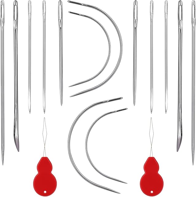 SAVITA 14pcs Sewing Needles, Multiple Styles Embroidery Thread Needle Eye Blunt Needles Curved Needles with 2pcs Needle Threaders for Upholstery Carpet Leather Canvas Repair