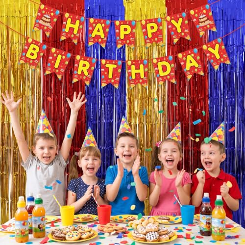 Image of TONIFUL 2Pcs Yellow Red Blue Metallic Tinsel Foil Fringe Curtains Streamers | 3.3ftx6.6ft Photo Booth Backdrop Door Curtain Streamer for Birthday Baby Shower Sports Party Holiday Celebration Decorations