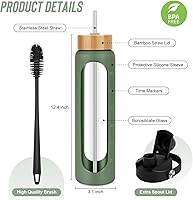 Vista 2 de Botellas de agua de vidrio de 32 oz - Vaso motivacional de 1 litro con marcador de tiempo - Vidrio de borosilicato con funda de silicona y 2 tapas