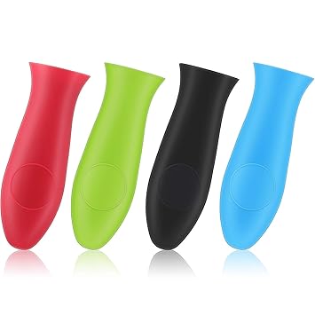 Silicone Hot Handle Cover, Potholder for Cast Iron Skillet, Rubber Heat Resistant Pot Handle Sleeve, Heat Protecting for Pans, Griddles, Metal and Handles (Black, Red, Blue and Green)