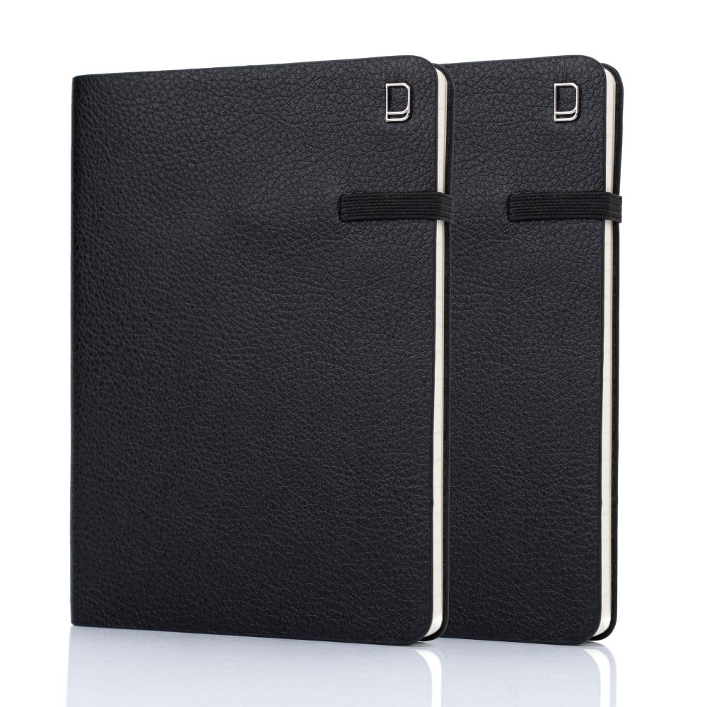 Railex Modena Real Leather Journal A5 Notebook PACK OF 2 - RAVEN BLACK Ruled Notebook, To Do List Diary with Pocket, Gratitude Journal, Pocket Note Book, Journals for Women & Men