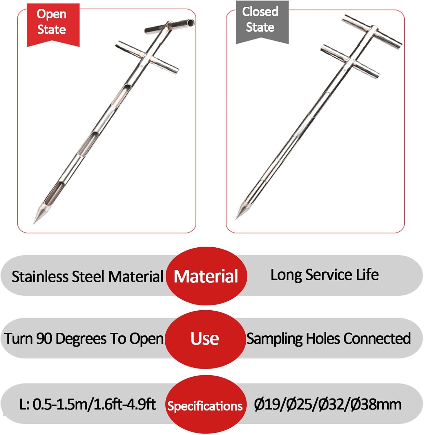 Stainless Steel Soil Sampling Probe - 1m Grain Probe Sampler with 3 Slots for Rice, Corn, Wheat, Soybeans - Durable Powder Sampler (Diameter: 38mm)
