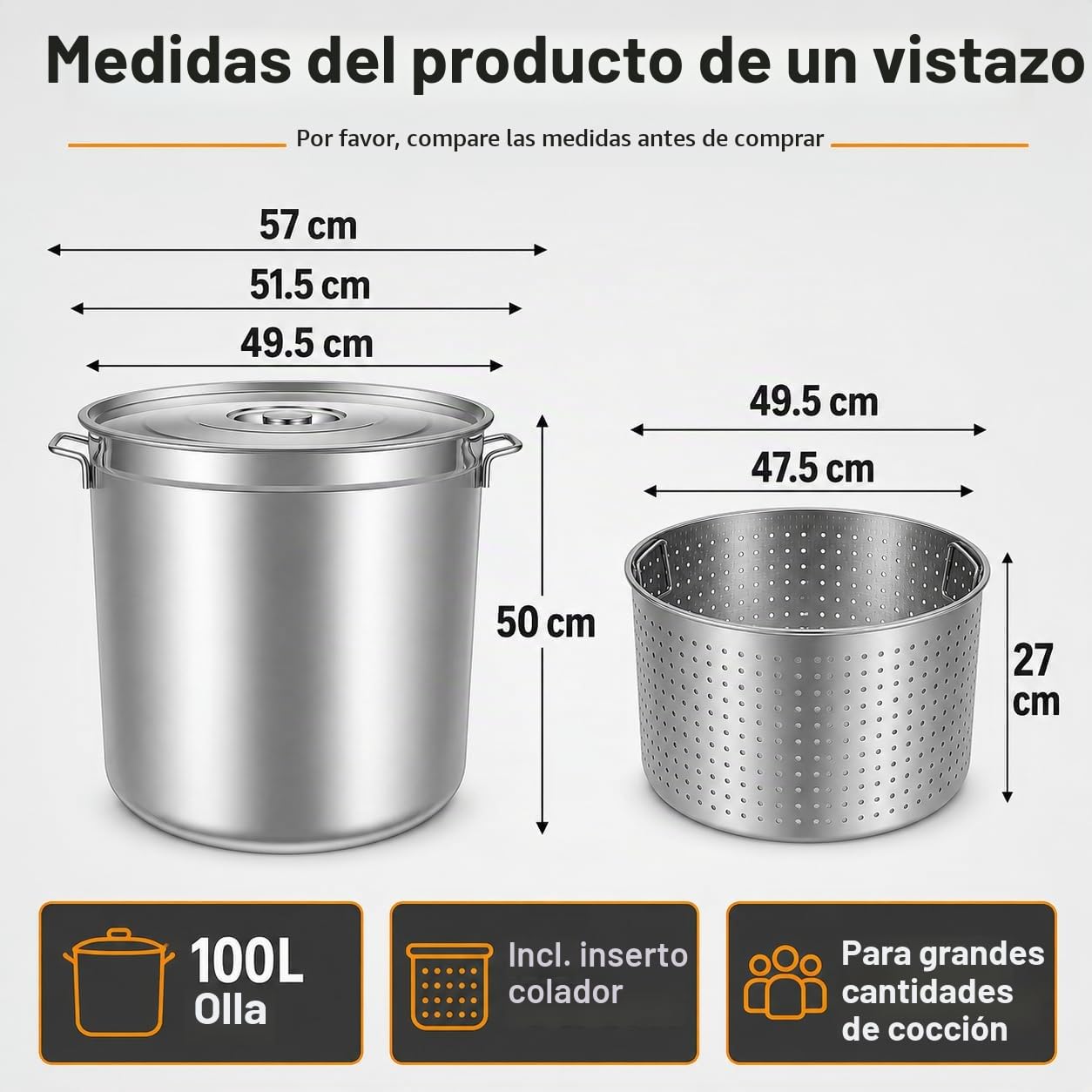 Olla para sopa de 100 L con tapa y cesta colador, acero inoxidable compatible con inducción, olla grande de 50 qt para gastronomía, freír y guisar