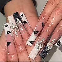 Vista 8 de Magrace Uñas postizas cortas a presión, cuadradas, ataúd, puntas francesas, uñas postizas con diseños, 24 unidades, uñas adhesivas para mujer