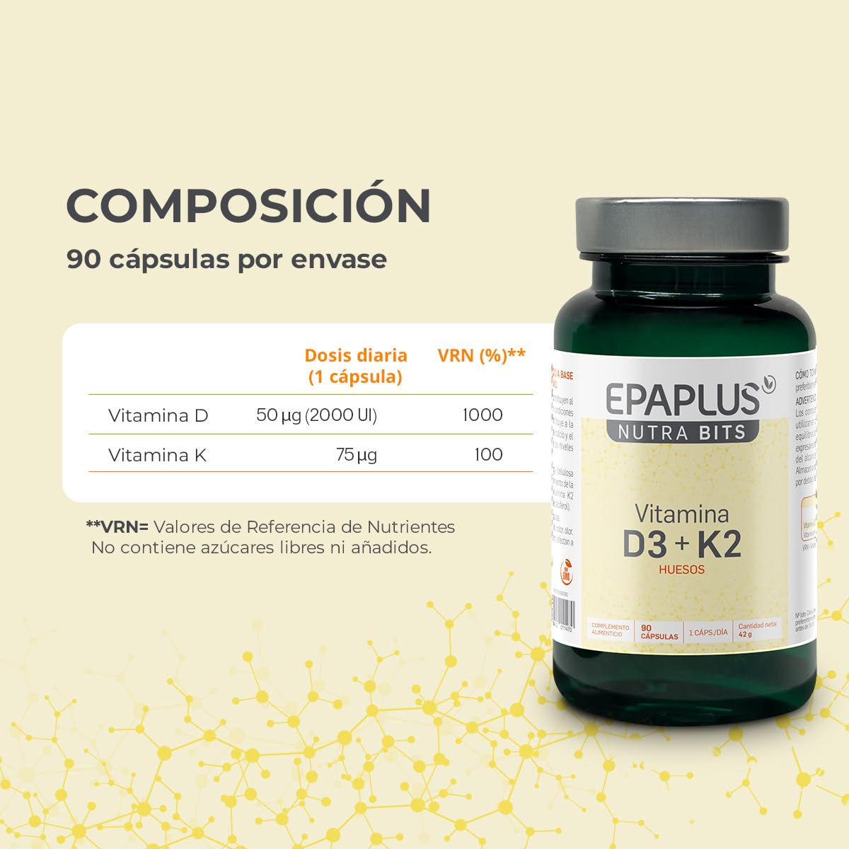 EPAPLUS Nutrabits Vitamina D3 + K2 para Huesos y Defensas, 90 Cápsulas | Complemento alimenticio con vitaminas D3 y K2, que contribuyen al mantenimiento de los huesos y al sistema inmunitario