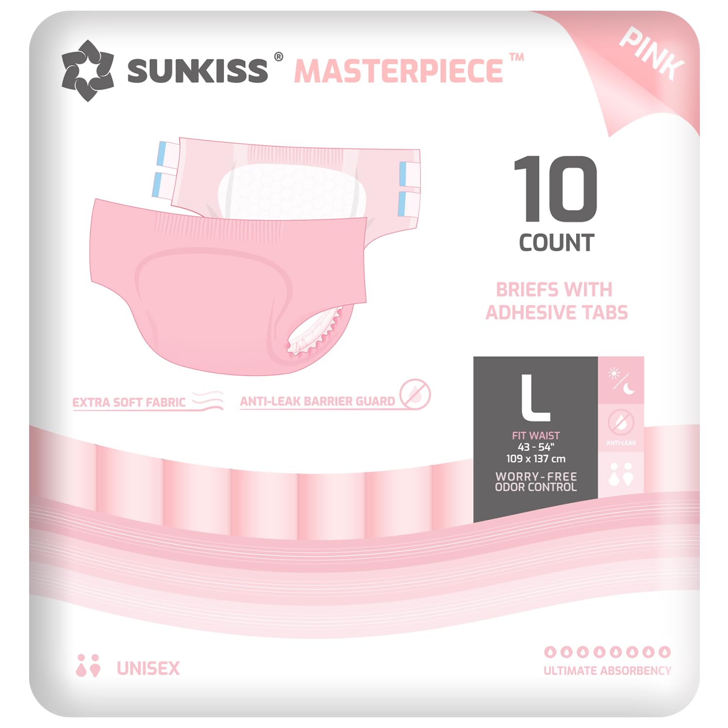SUNKISS Masterpiece Pannoloni per Adulti a Mutandina per Incontinenza, Pannoloni Mutandina per Uomini e Donne, Unisex, Controllo degli Odori, Protezione Durante Notte, Rosa, Taglia L, 10 Unità