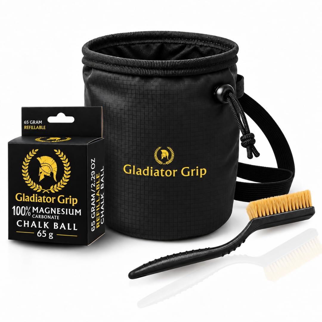 Chalk Bag Bundle by Gladiator Grip for Climbing, Bouldering & Weightlifting | Includes Fleeced Lined Interoir Climbing Chalk Bag, 65g of 100% Magnesium Carbonate Climbing Chalk Ball & Bouldering Brush