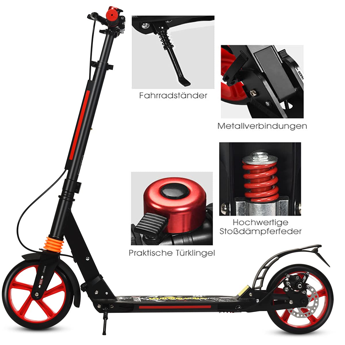 RELAX4LIFE Scooter Plegable con Altura Regulable, Patinete de Aluminio con Timbre, 2 Frenos y Doble Suspensión para Niños y Adultos 120-190 cm, Carga 100KG, Negro