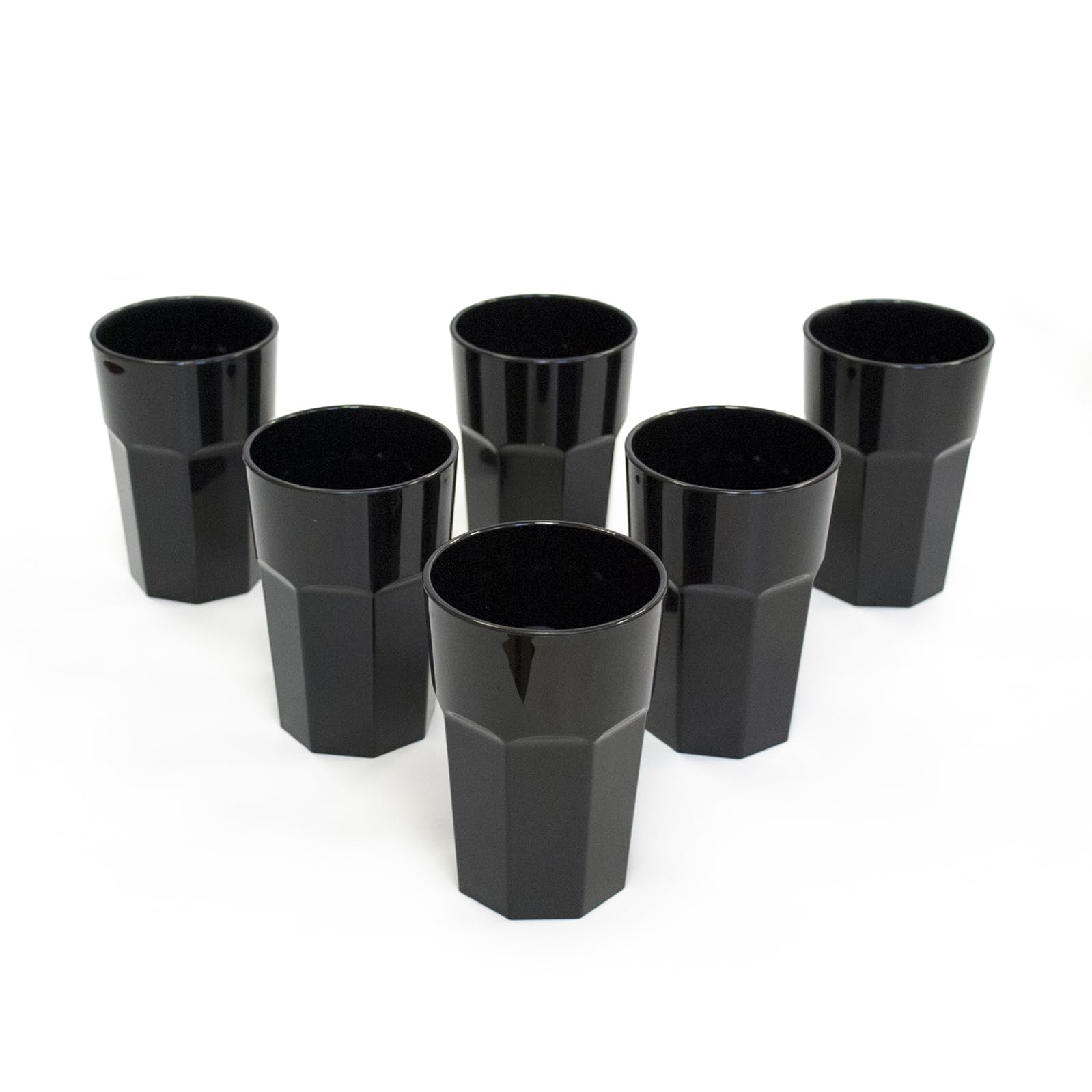 Omada 6 Black Glass Design Set Of 6 Glass Or Long Drink Plastic Cups, 14,95 Oz, 4,91 Inch Tall, Shatterproof, Octagonal, Stackable And Dishwasher Safe, Black