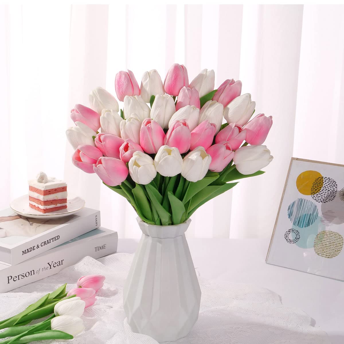 Tulipani Artificiali In Carta - 8 Pezzi Rosa E Arancione, Altezze 20-30cm Per Decorazioni - Foto 3