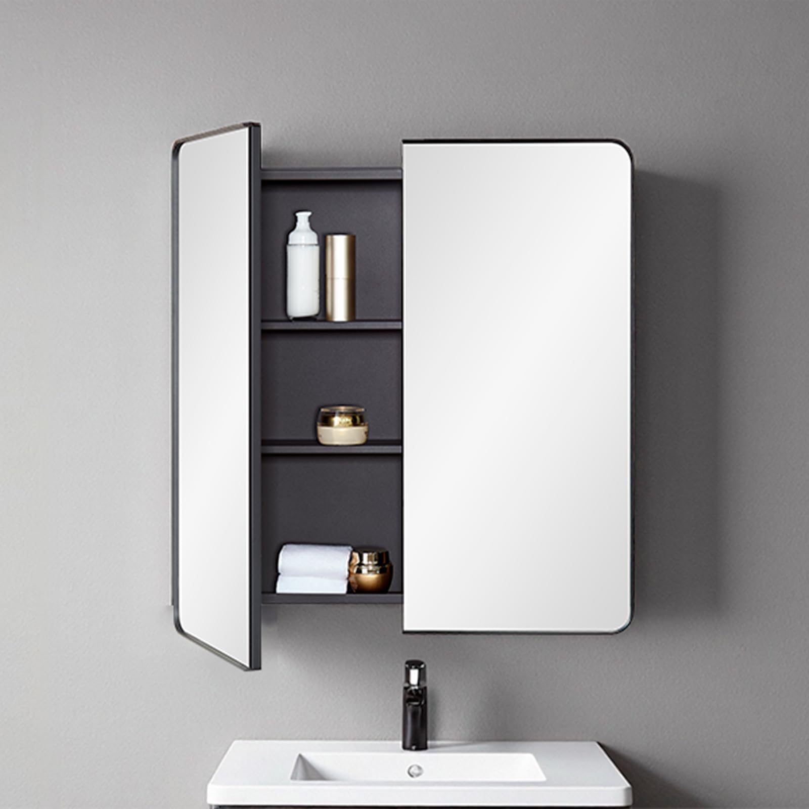 Fundin Armario con espejo de baño con espacio de almacenamiento, puertas dobles, marco de metal con esquinas redondas, estantes ajustables, color negro mate, montaje en superficie, 60 x 65 cm