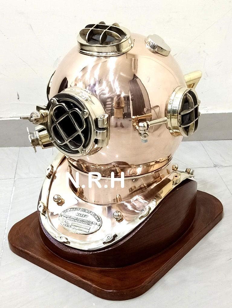 Scuba Decorative Divers Diving Helmet Vintage SCA US Navy Mark V Copper & Brass Helmet with Wooden Base