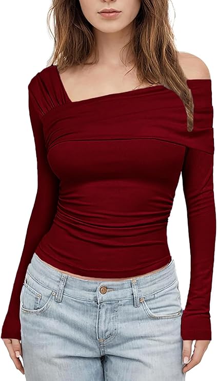 MISS MOLY Women's Sexy One Shoulder Asymmetrical Tops Long Sleeve Ruched Y2K Tee Shirts Slim Soft
