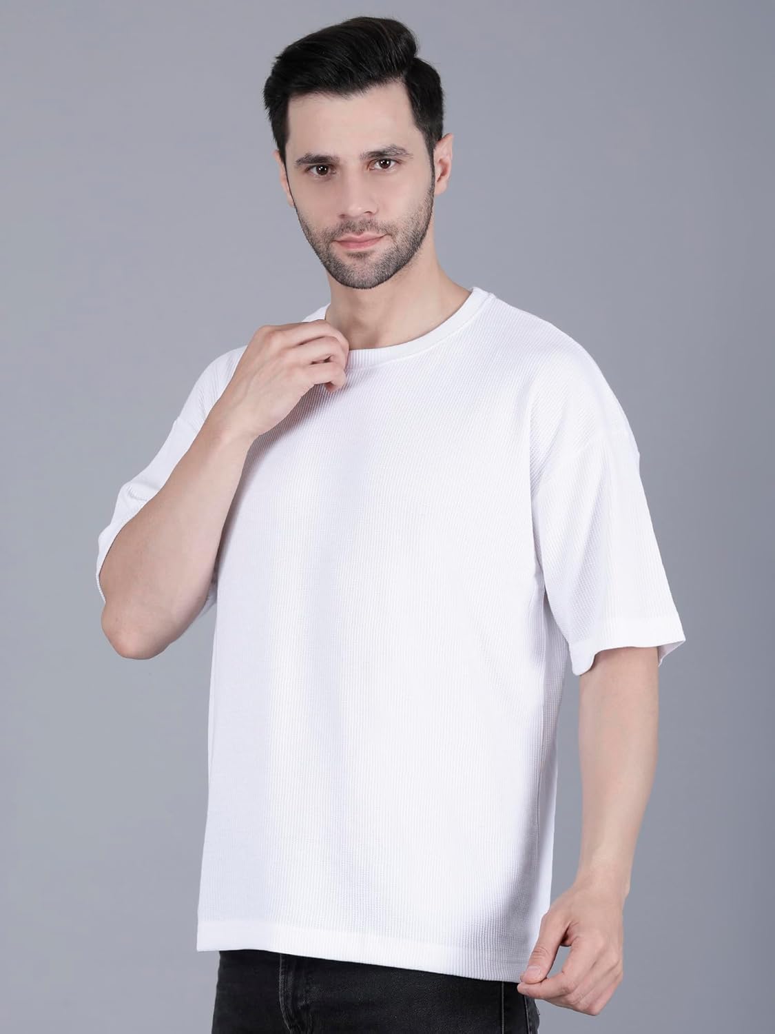 FTT Men's Casual Knit Short Sleeve Crewneck Oversized T-Shirts - Honeycomb Waffle Solid Pullover Tees - Image 4