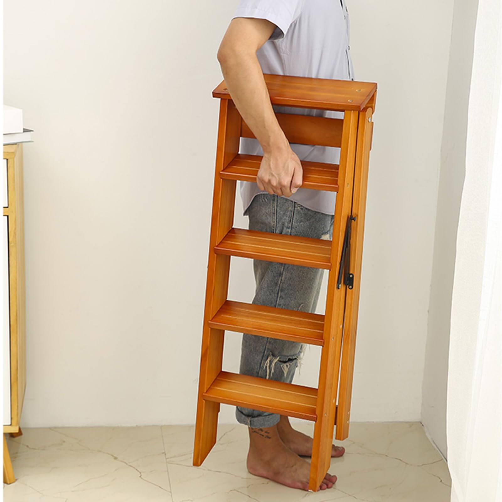 Escalera plegable de 5 escalones, antideslizante, portátil, para cocina y uso doméstico, taburete resistente para un acceso seguro