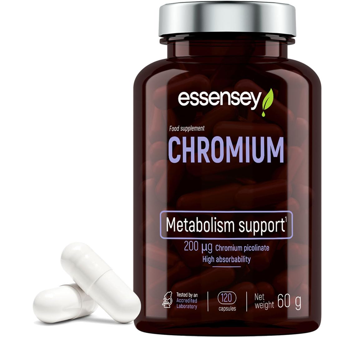 Essensey Chromium Supplement - 120 Capsules | 200mcg High Absorbance Picolinate | Supports Metabolism and Healthy Glucose Levels | Vegetarian Friendly | Blood Sugar Support Appetite Suppressant