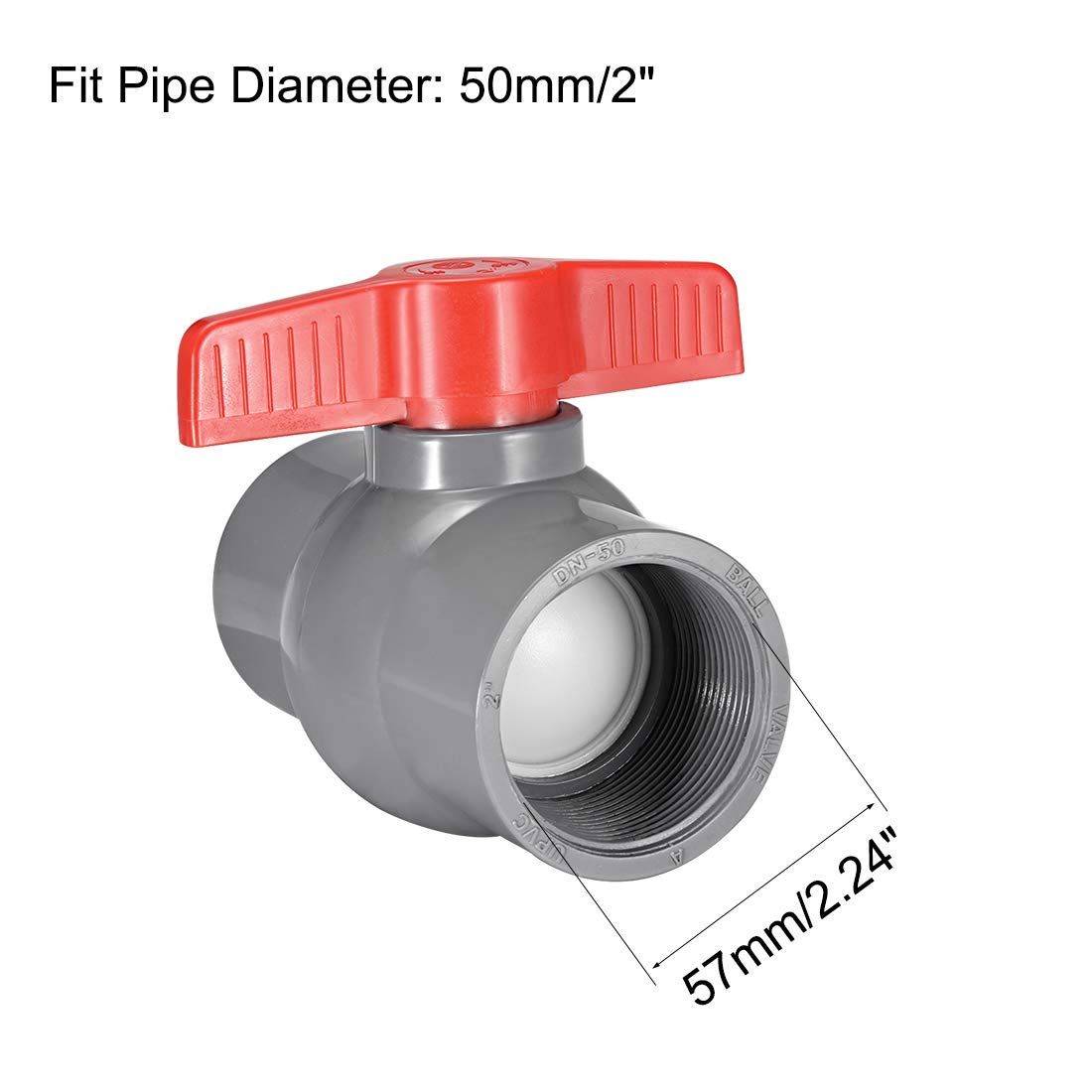 uxcell - Tapón de válvula de bola de PVC para tuberías de suministro de agua, con extremos de rosca de 2 pulgadas de diámetro de agujero interior, color rojo y gris, 2 unidades
