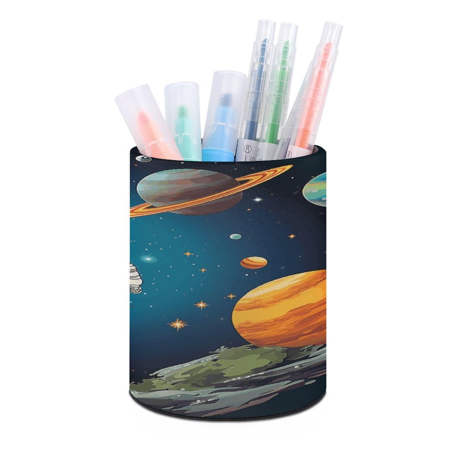 VstaDank Outer Space Rocket Astronaut Pen Holder Leather Pencil Cup Round Pencil Holder for Desk Organizer Personalized Pen Cup Fashion Pen Organizer Makeup Brush Holders for Office Home&Gift