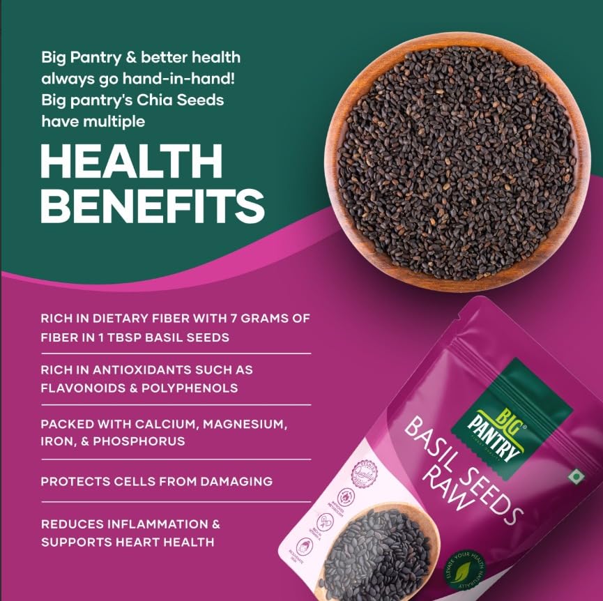 Image of Big Pantry Sweet Basil Seeds 200g | Sabja Tukmaria for Falooda, Smoothies & Weight Management | Rich in Dietary Fiber, Omega 3 & Antioxidants | Raw Non GMO Gluten Free