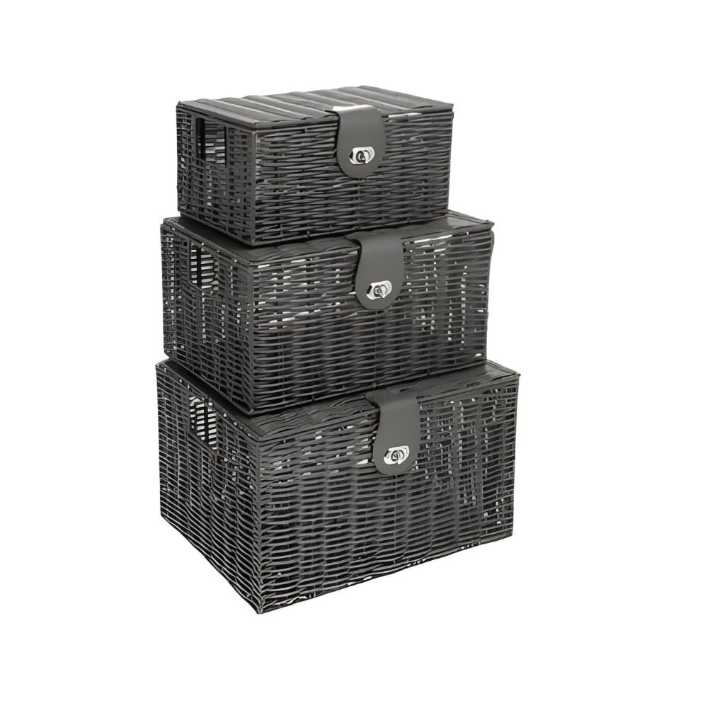 FROOBY Set of 3 Resin Woven Storage Baskets with Lids & Locks โ Durable Wicker Basket with Handles, Resin Hamper Boxes for Organising Shelves, Toys, Clothes, Home & Office Storage (Grey)