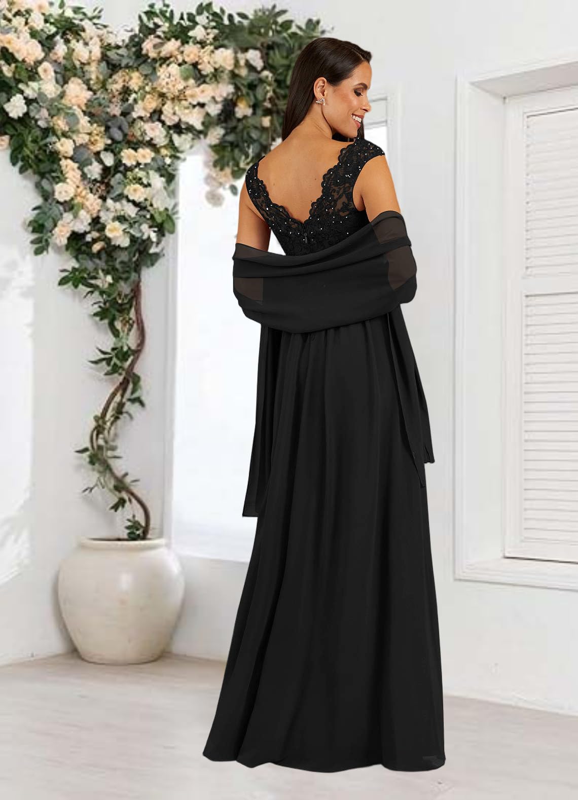HUINI Damen Brautmutterkleider für Hochzeit Bodenlänge Chiffonkleid mit V-Ausschnitt und Pailletten Kleid Hochzeitsgast Damen Formell Abendkleider Elegant Für Hochzeit