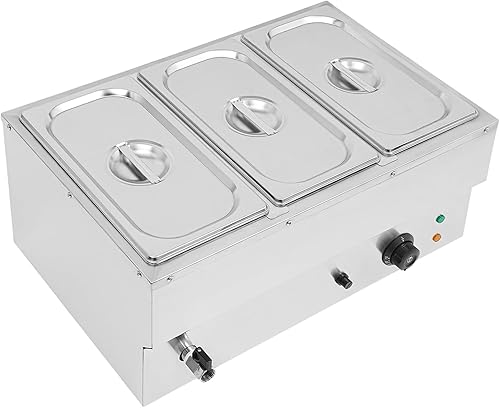 DYNAMI Calentador de alimentos para bufé comercial de 110 V, mesa de vapor eléctrica grande de acero inoxidable de 3 bandejas con diseño de