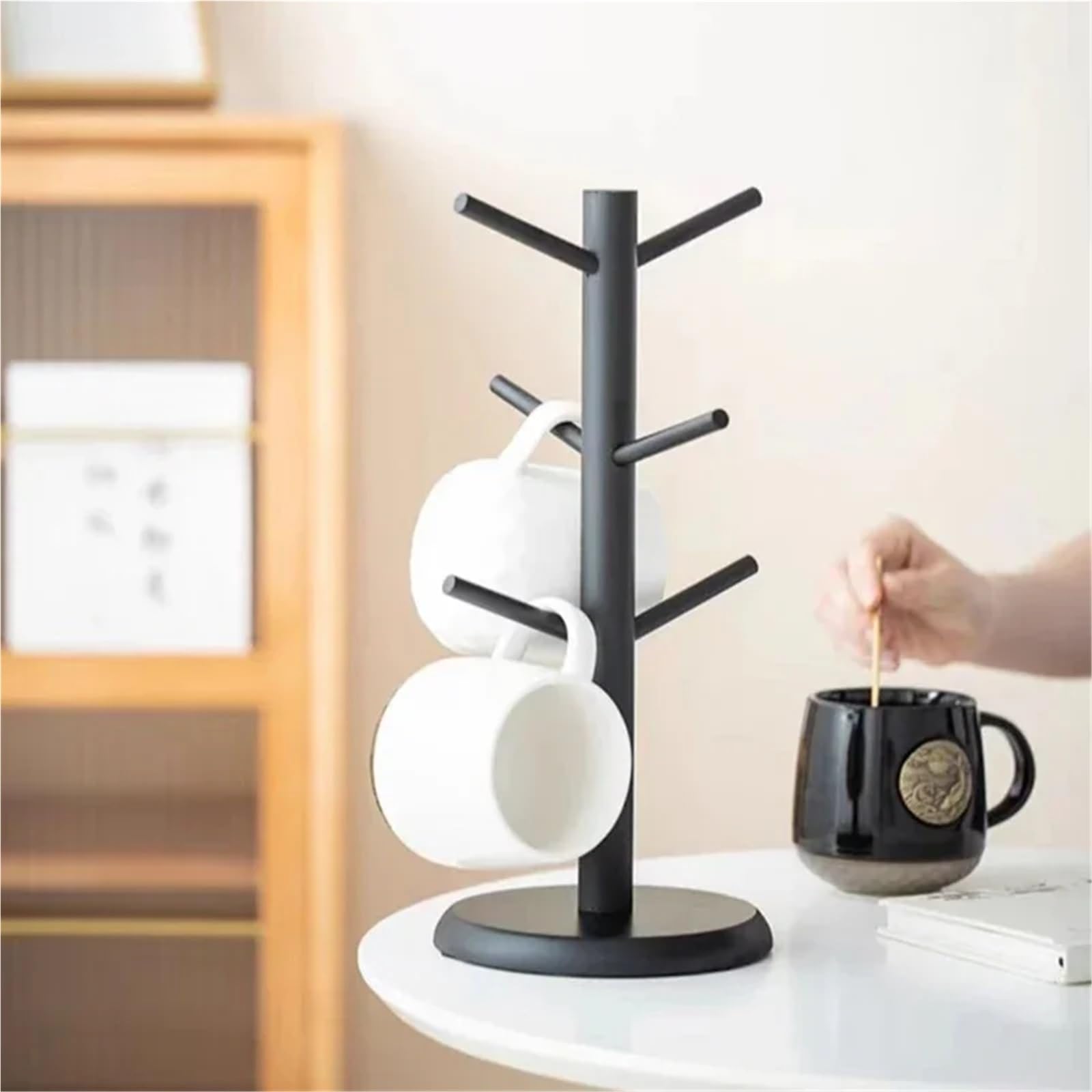 Becherhalter Baum Becher-Hängeregal, Getränkeregal mit 6 Haken, Baumform, Holz, Kaffee-/Teetassen-Aufbewahrungshalter, Ständer(Black)