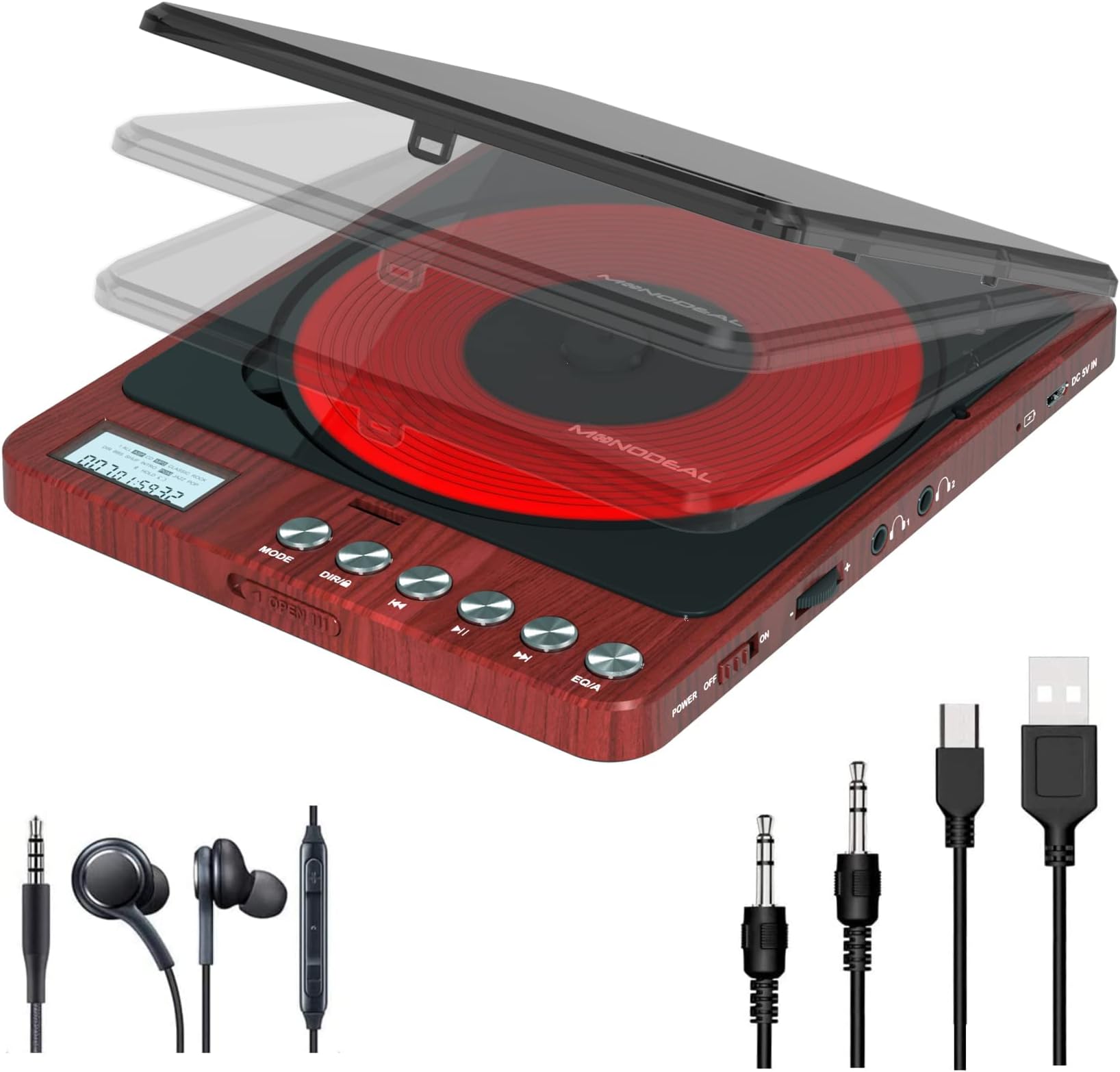 Portable CD Player with Headphones, Monodeal CW605 Compact Design CD Player with LCD Disply, Anti-Skip Personal Player for Car, RechargeablePlayer for Music Audiobook Listening