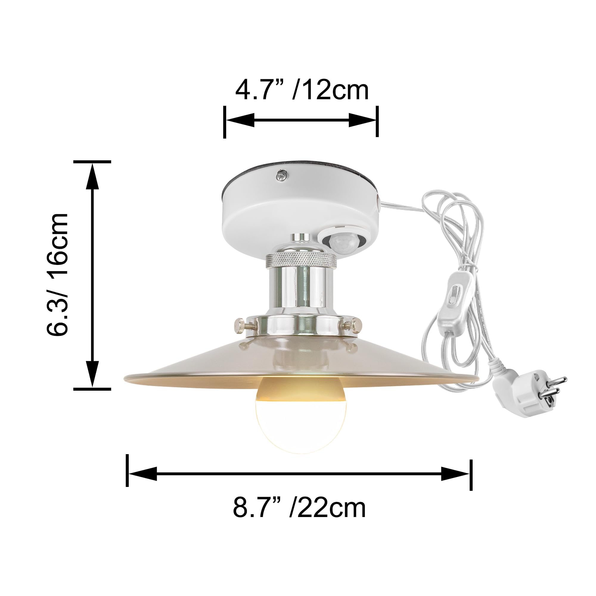 Plafoniera con sensore di movimento interno, lampada da soffitto in ferro industriale, sensore di movimento radar con cavo da 4,5 m e portalampada E27, per corridoio, bagno, scale, garage