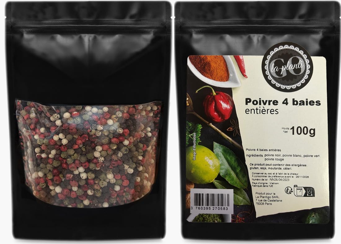 Poivre 4 baies entières 500 g - LA PLANTIGO Mélange de poivres, Poivre à 4 Baies mélange, Mélange de grains de poivre 100% naturel, coloré en grains de poivre