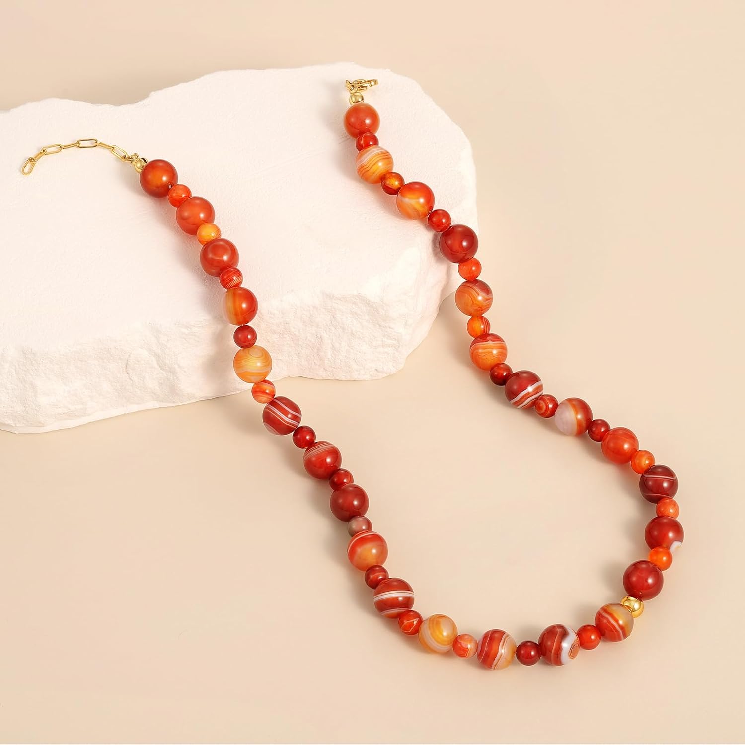 KissYan Beaded Necklaces for Women, 14K Gold Plated Natural Gemstones Choker, Boho Handmade Carnelian Red Agate Stone Ball Chain Fall Winter Jewelry Gifts - Image 5