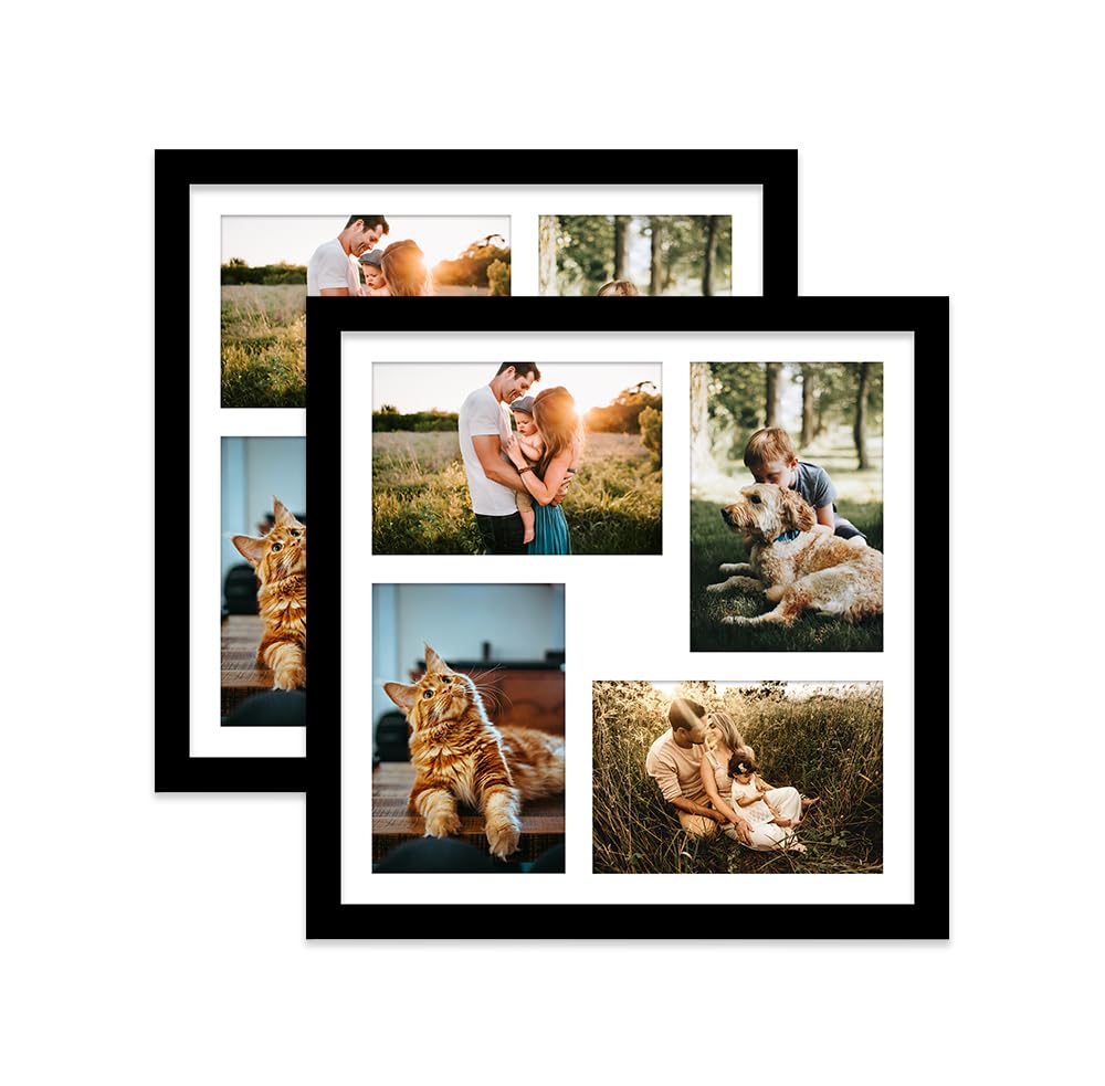 Black Multi Photo Frame - Holds 4 x 6x4 Pictures, Family Collage Picture Frame for Wall Display, 12x12 Frame size, Set of 2