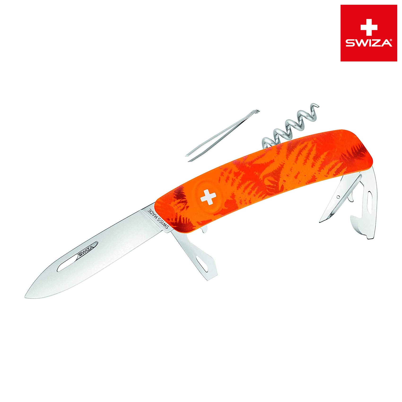 SWIZA Suisse Canif D03 Camo Fougère Orange, antidérapante, 11 Caractéristiques