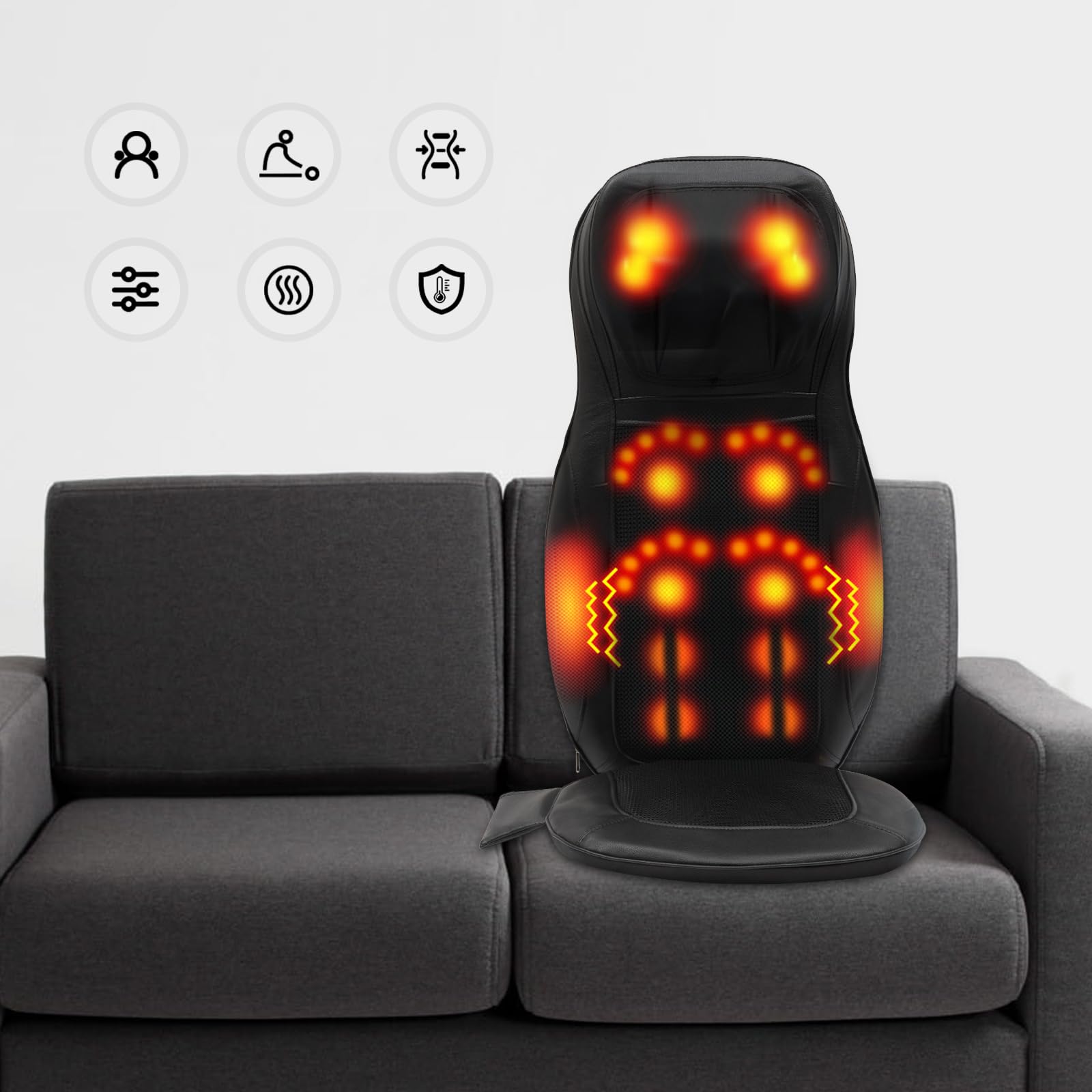 Massagesitzauflage, 48W Shiatsu Massagesitzauflage 3 Vibrations-Modi Rückenmassaggerät, 3 Intensitätsstufen, Massagesessel geeignet für Sofa, Sessel, Bürostuhl, Esszimmerstuhl (Schwarz)