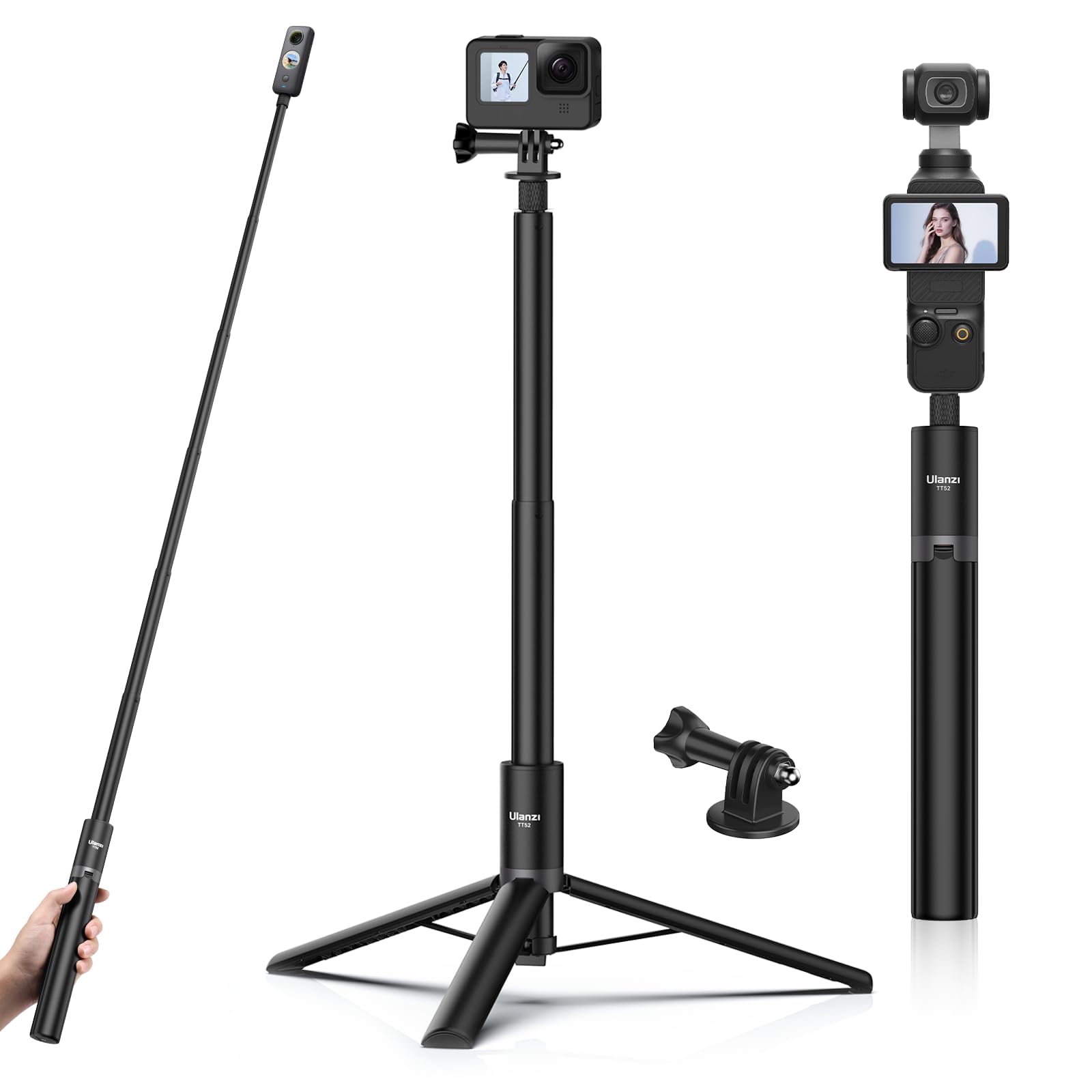 Ulanzi TT52 Perche à selfie 150 cm pour Insta 360 & Go Pro – Trépied et perche à selfie 2 en 1, extensible de 30 à 150 cm, stable et compact pour Go Pro, DJI Osmo Action, caméras d'action