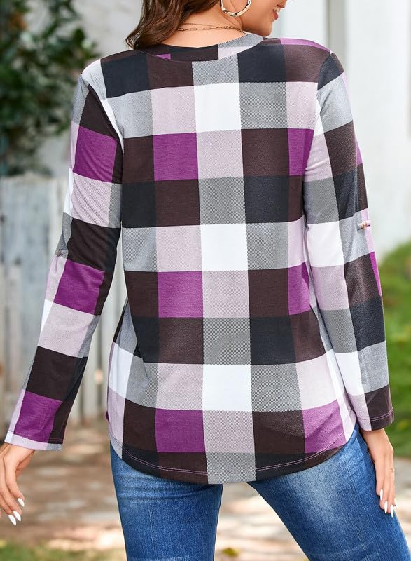 Image of Dokotoo Womens Tops Plaid Cotton Cuffed 3 /4 Sleeve Shirts Blouses