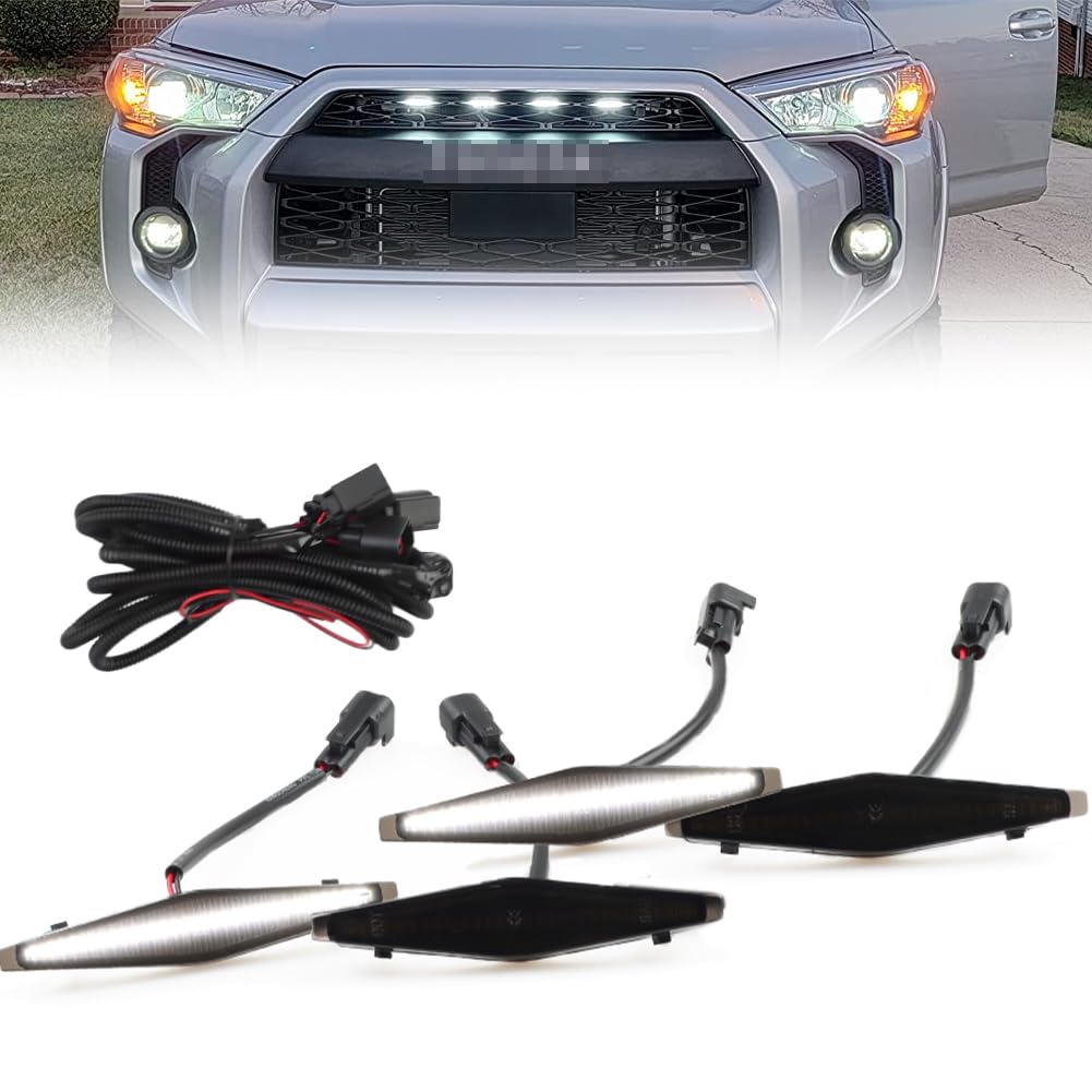 LED Grill Lights for Toyota 4Runner 2014-2024 TRD Pro and 2014-2019 SR5, Premium, Limited, TRD Off-Road, Smoked Lens White LED Vehicle Grill Lights