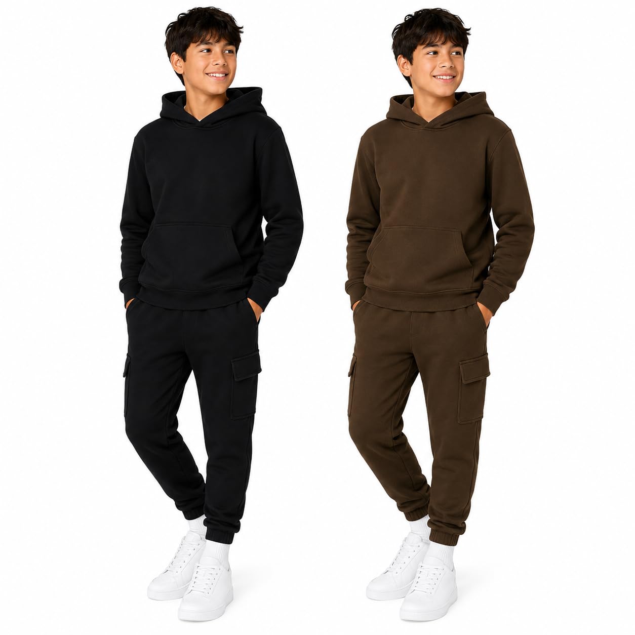 Boys Sweat Suit Set - 4 Piece Soft Fleece Pullover Hoodies and Athletic Cargo Jogger Sweatpants for Boys (5-18)