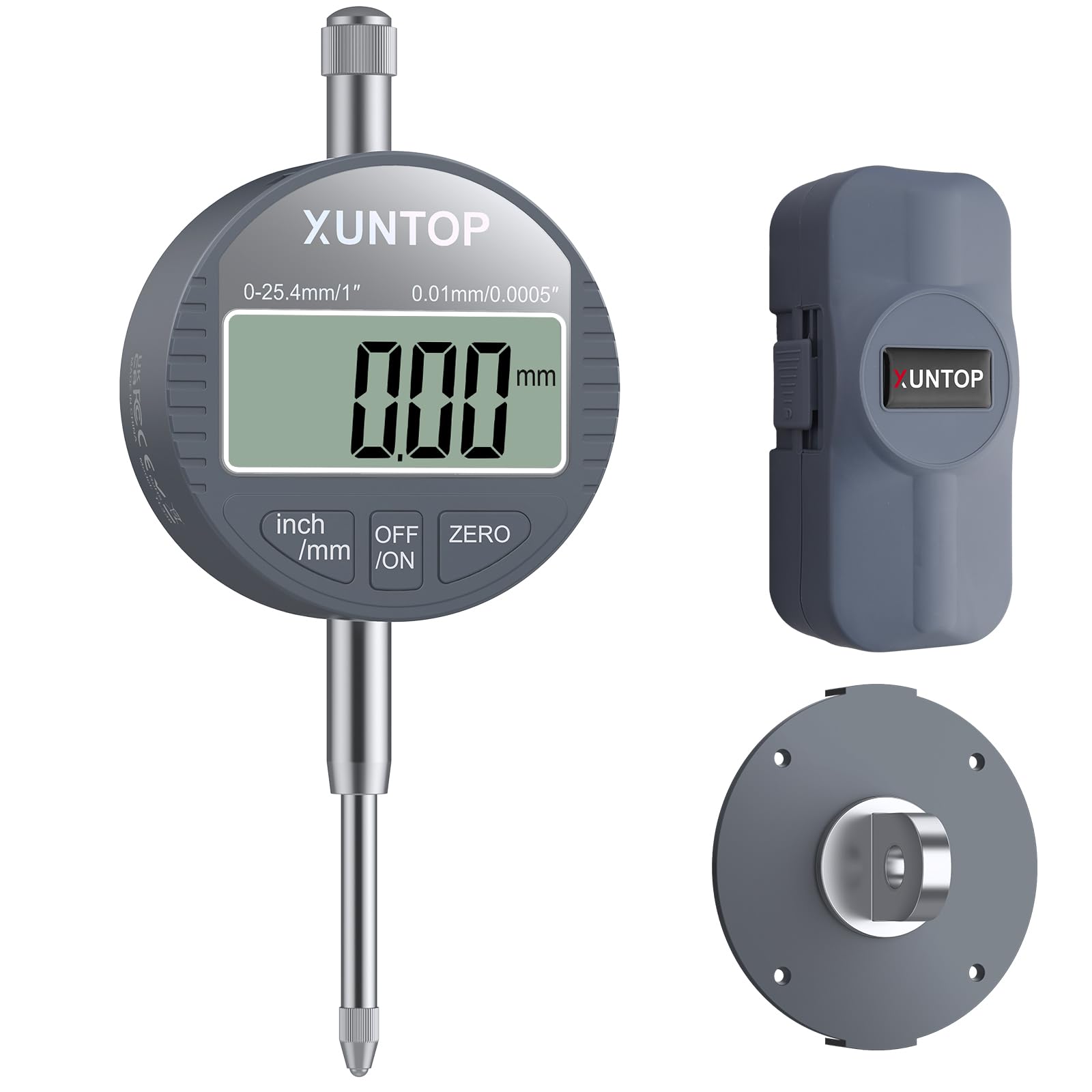 XUNTOP Digitaler Messuhr DTI Digital Dial Indicator 0,01/.0005'' Messbereich 0-25,4 mm (0-1'') für mechanische, industrielle & Laboranwendungen
