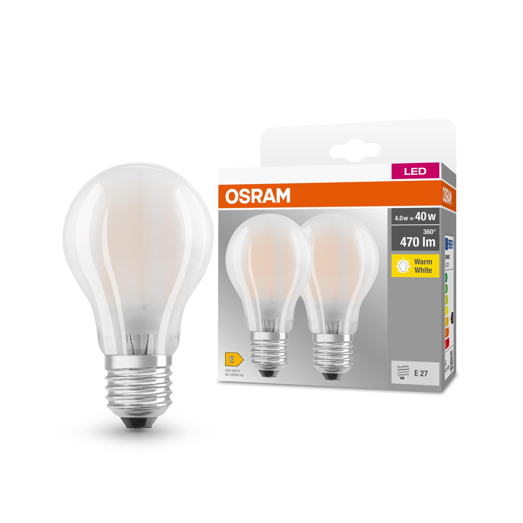 OSRAM Lampada LED BASE CLASSIC A GLFR 40 con attacco E27, goccia, confezione doppia, 4W, 470lm, 2700K, luce bianca calda, bassa emissione di calore, lunga durata, basso consumo energetico