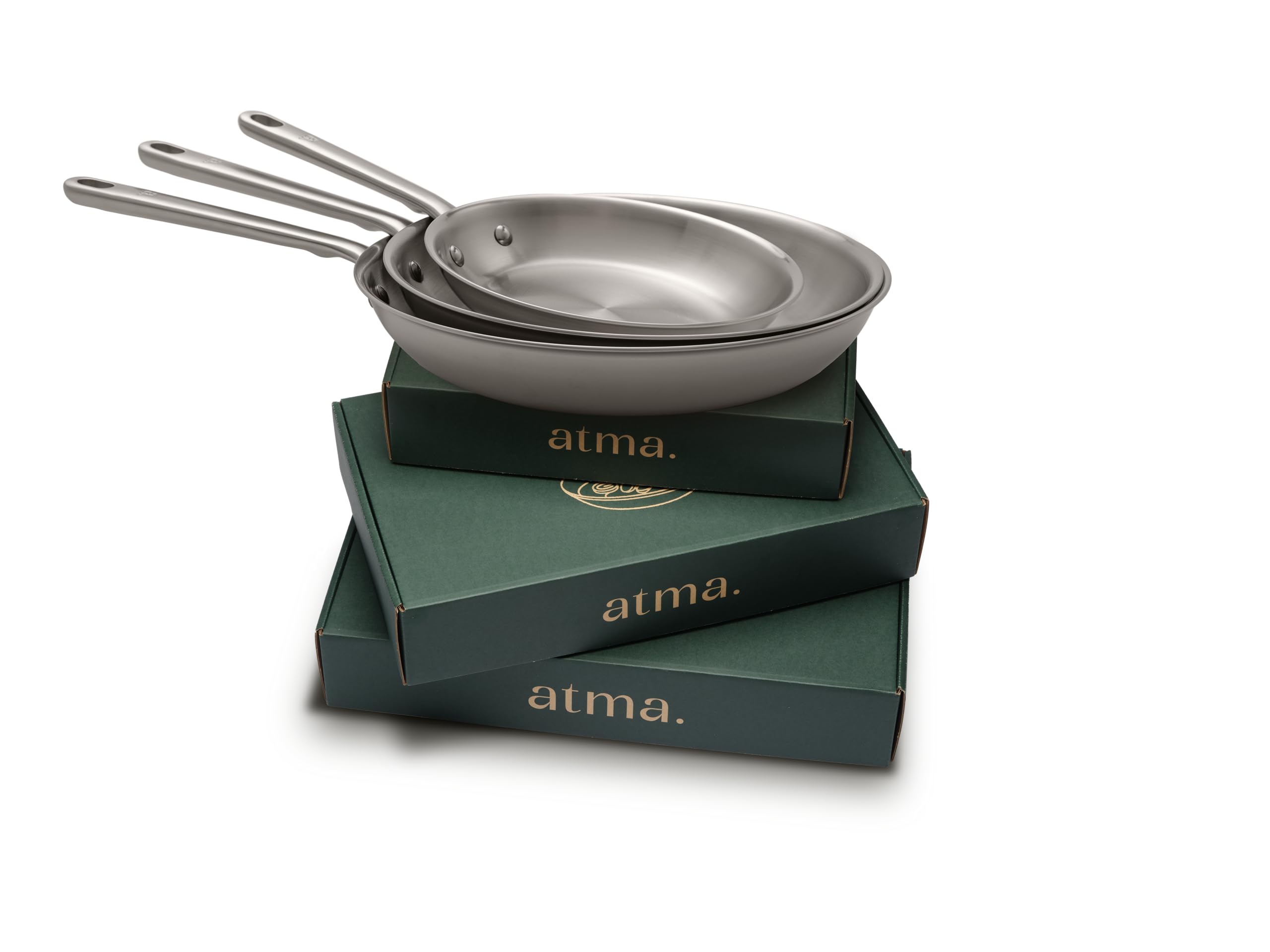 Atma – Juego de 3 Sartenes Inox 3 Capas (20, 26, 28 cm) – Mango Remachado – Sin PFAS ni Recubrimiento Químico – Inducción, Horno hasta 230°C – Apto para Todas las Cocinas – Fabricada en Francia