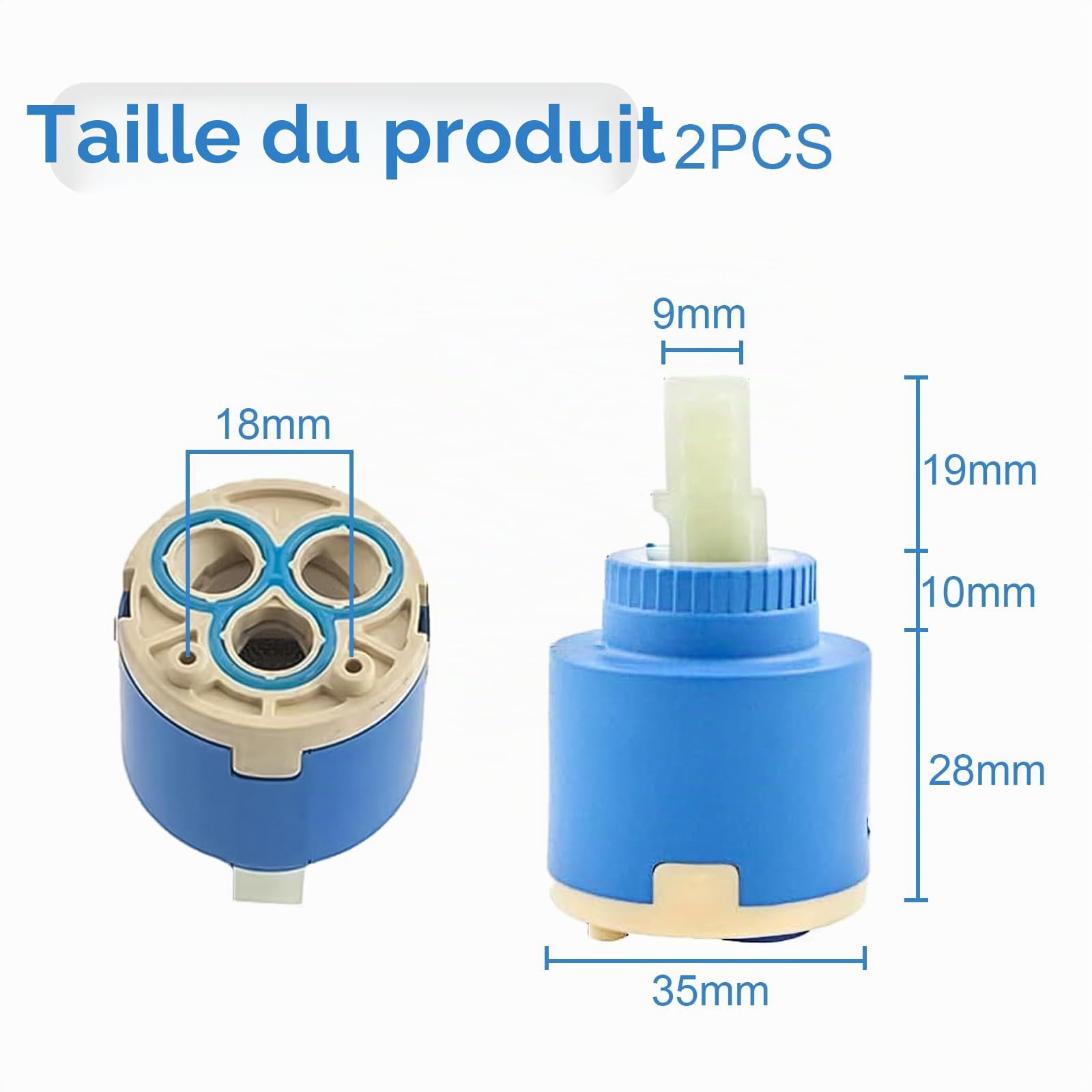 Lot de 2 cartouches en céramique 35 mm, cartouche pour robinet, cartouche de mélangeur, pour robinets monocommande, cartouche de rechange pour pièces de robinetterie pour évier de cuisine, évier