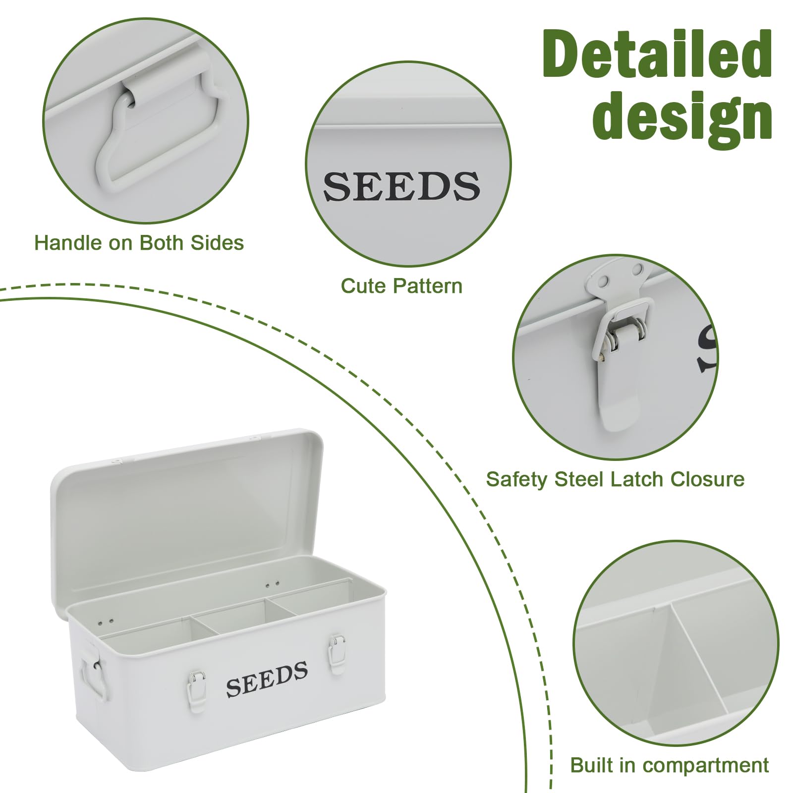 Cajas de Semillas Caja de Almacenamiento Semilla,Contenedores Almacenamiento Metálicos Contenedores Clasificación Sobres Semilla, Caja Semillas Jardín Con Cierre Seguridad 33×18×13cm Blanco